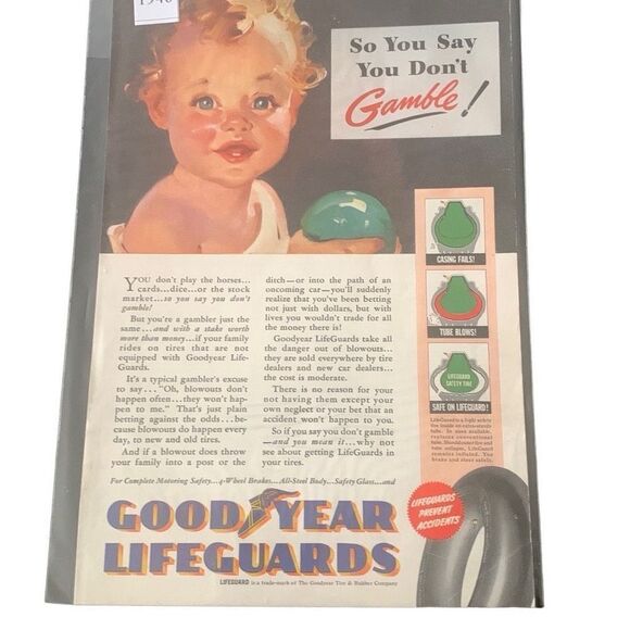 Vintage 1940 Goodyear Lifeguards Tire So You Say You Don’t Gamble Ad Advertiseme - Picture 2 of 4
